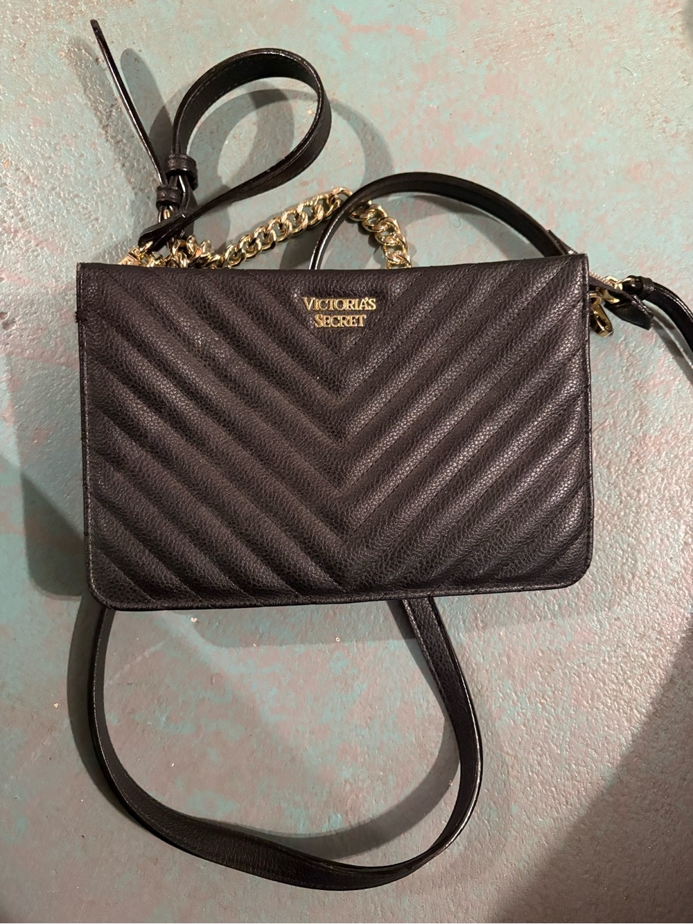 Victoria's Secret Black Quilted Crossbody with Gold Chain Accent
